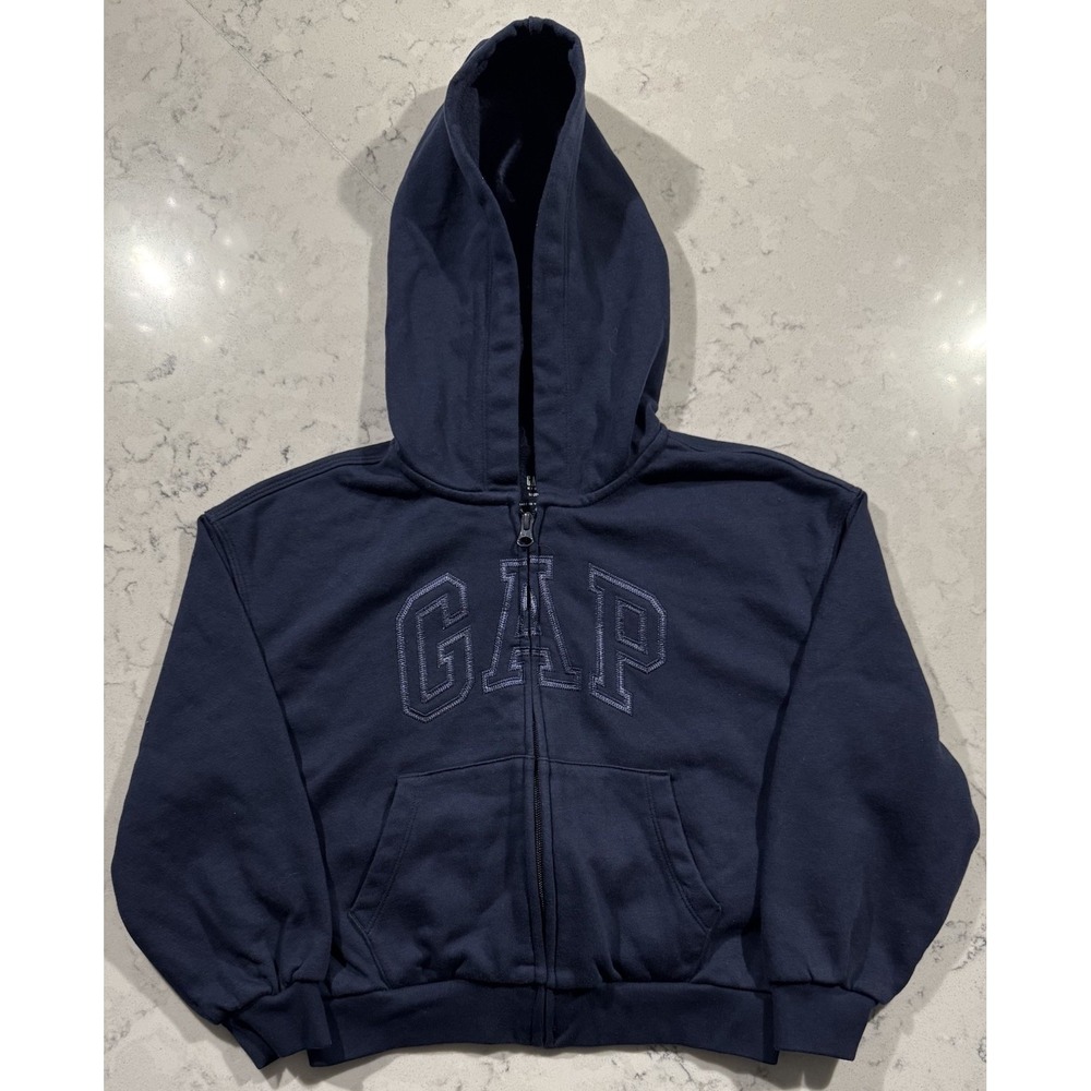 Gap Kids Hoodie Unisex Medium 8 Navy Blue Full Zip Arch Logo Fleece S/740017-01